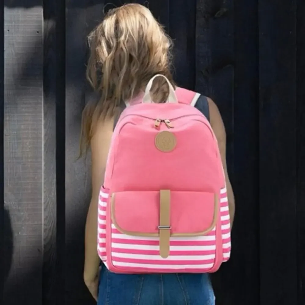 3-Piece Pink Backpack Set – Striped School Bag, Lunch‎ Bag & Pencil Case NEW